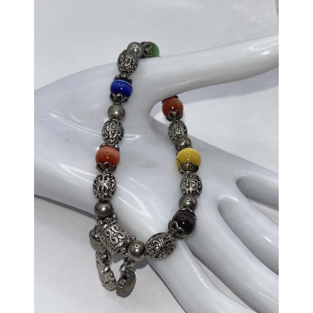 Colorful Cats Eye Beaded Bracelet Silver Tone With Triple Hearts Charms Ethnic
